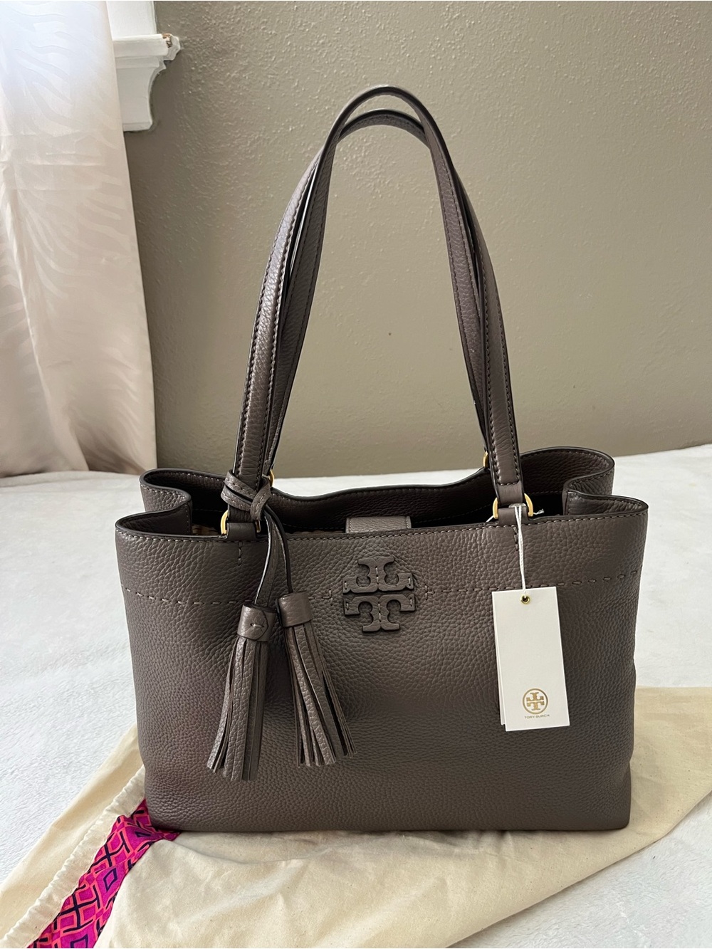 Tory Burch McGraw Triple Compartment Leather Tote Bag Silver Maple NWT 54298 - Picture 15 of 17